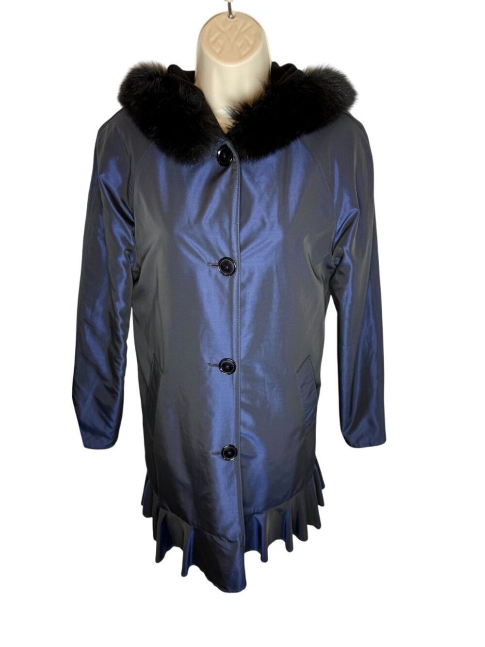 Sofia Cashmere Reversible Car Coat Fox Trimmed Hood Black Blue - Size 2 - Picture 2 of 9